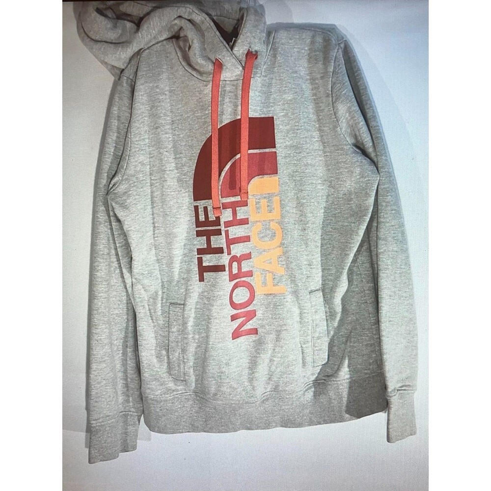 The North Face Trivert Hoodie Womens Medium M Grey Pullover Vertical Logo Coral